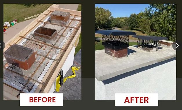 Before and after of a chimney crown repair