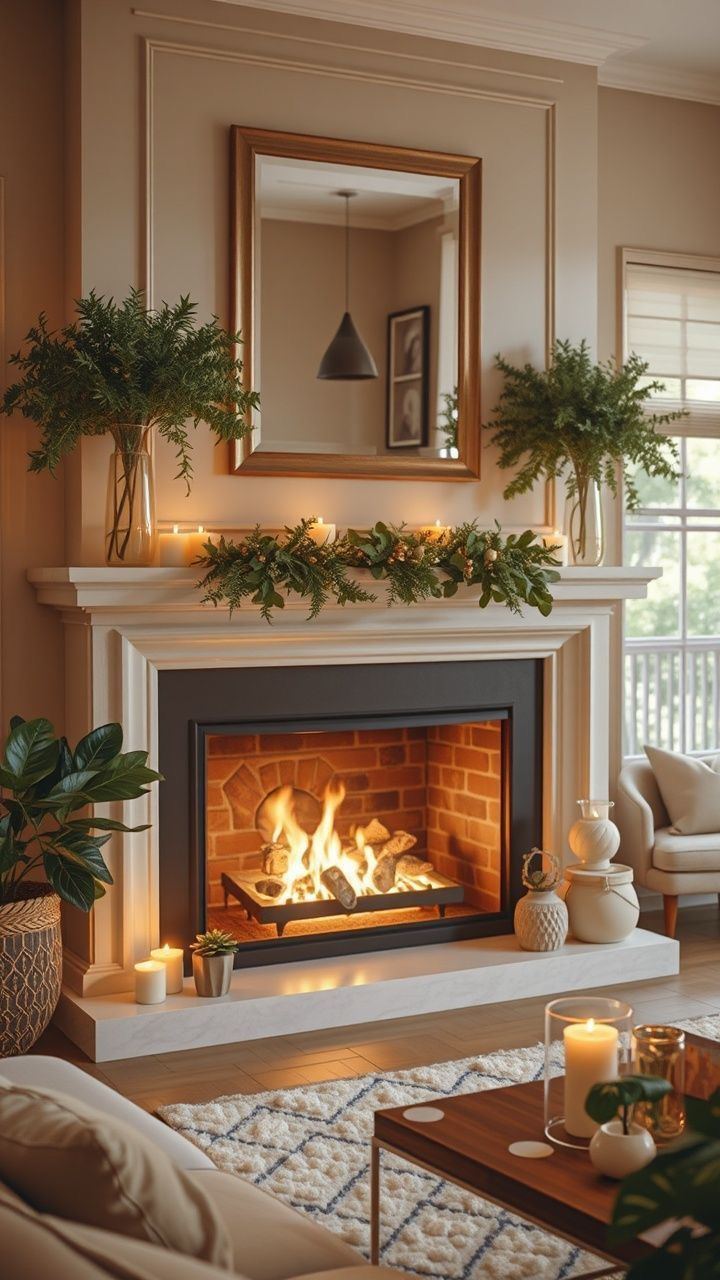 Cozy fireplace burning brightly in a living room