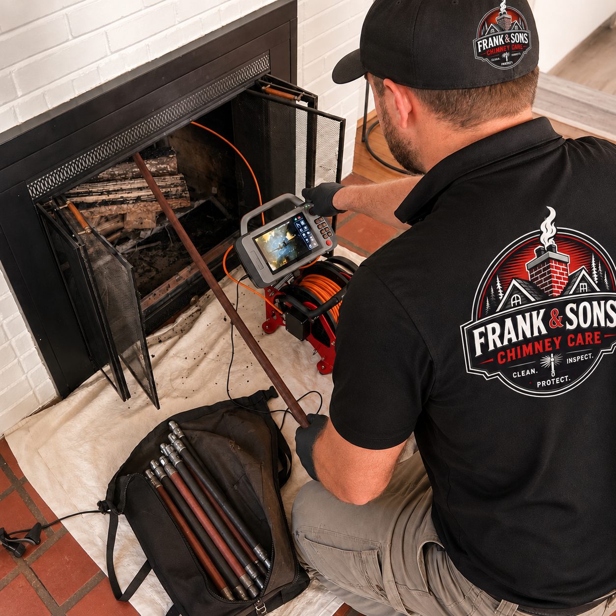 Technician inspecting a chimney flue with a camera