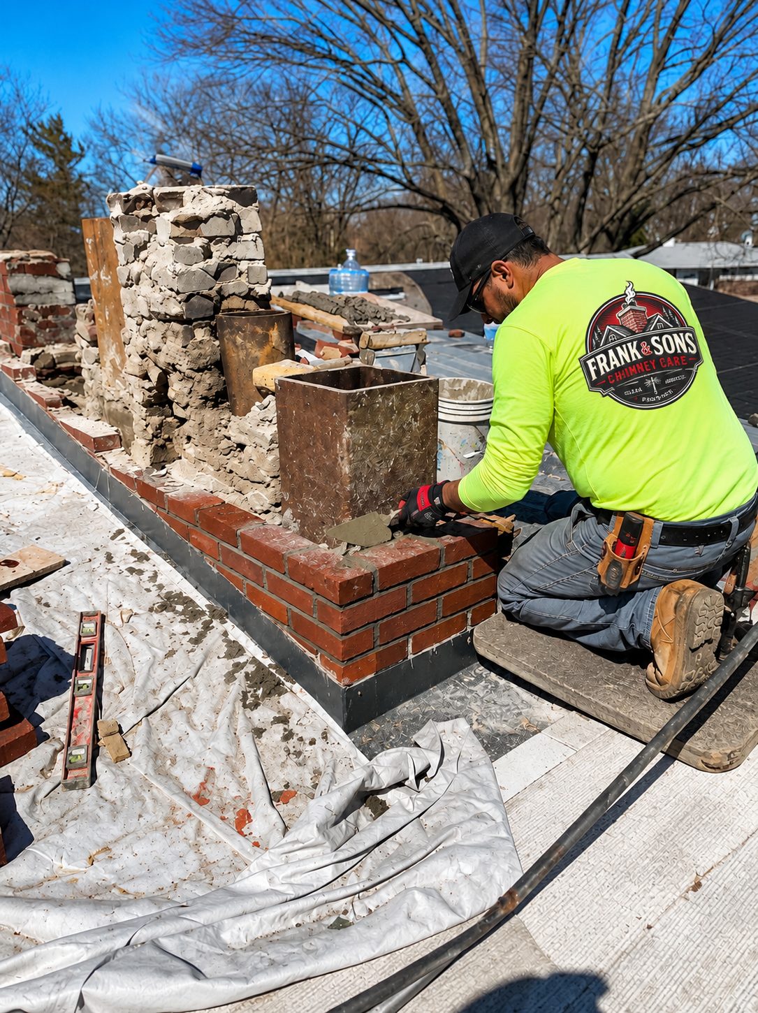 Technician performing rooftop chimney masonry repair
